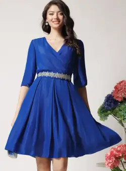 Rochie Ella Collection Ania eleganta din voal albastra cu fir lurex si cordon in talie