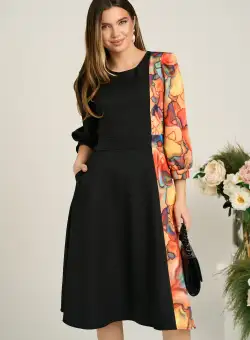 Rochie Ella Collection Dasha de zi din stofa neagra cu imprimeu multicolor