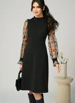 Rochie Ella Collection Iasmin eleganta din stofa neagra cu broderie pe maneci