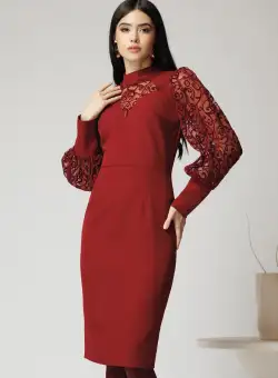 Rochie Ella Collection Kira eleganta din stofa burgundy cu detalii catifelate pe maneci