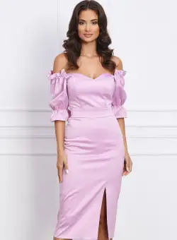 Rochie Ella Collection Sarah eleganta din tafta roz cu umerii goi