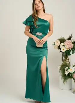 Rochie Ella Collection Zara lunga eleganta din tafta verde cu un umar gol