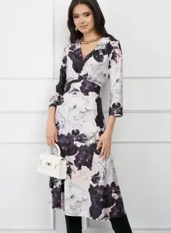 Rochie Gabriela bej cu flori mov si cordon in talie