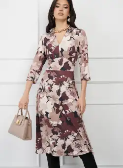 Rochie Gabriela maro cu flori bej si cordon in talie