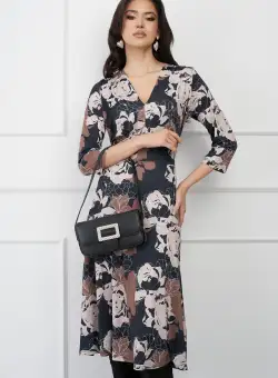 Rochie Gabriela neagra cu imprimeuri maro si cordon in talie