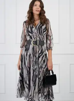 Rochie Gianina gri cu zebra print si curea in talie