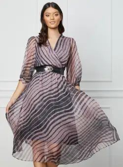 Rochie Isabela gri cu dungi roz si curea in talie