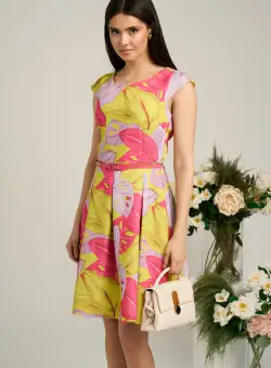 Rochie Iseline lime cu frunze fucsia-lila si curea in talie