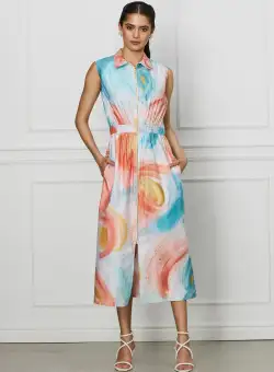 Rochie Ivonne turcoaz cu imprimeu orange si fermoar