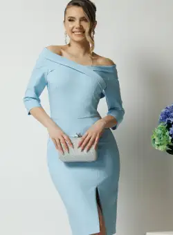 Rochie La Donna de ocazie din stofa bleu conica cu decolteu barcuta