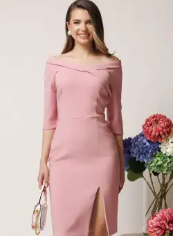 Rochie La Donna de ocazie din stofa roz conica cu decolteu barcuta