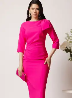 Rochie LaDonna eleganta din stofa fucsia cu funda maxi pe umar si fronseu in talie