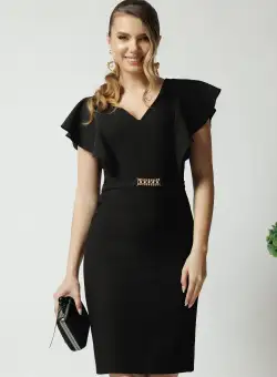 Rochie LaDonna eleganta din stofa neagra cu accesoriu in talie si volane