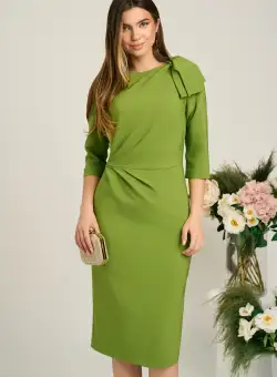 Rochie LaDonna eleganta din stofa verde cu funda maxi pe umar si fronseu in talie