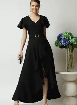 Rochie LaDonna lunga de ocazie din stofa neagra cu volane si cordon in talie
