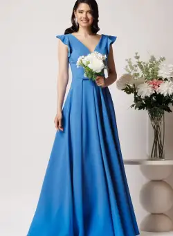 Rochie LaDonna lunga din stofa bleu cu funda in talie