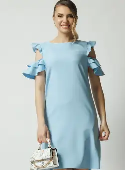 Rochie LaDonna office din stofa bleu cu volane la maneci