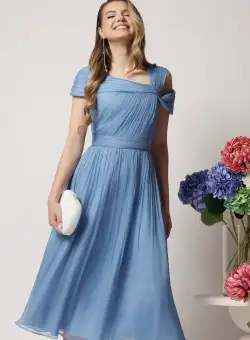 Rochie Leonard Collection eleganta din matase naturala bleu cu maneci scurte