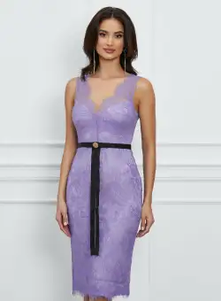Rochie Leonard Collection lila din dantela cu aplicatie in talie