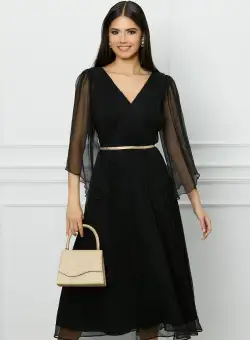 Rochie Leonard Collection neagra din matase cu banda aurie in talie