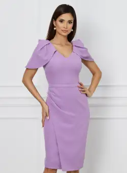 Rochie lila de ocazie cu maneci lalea si perle pe talie