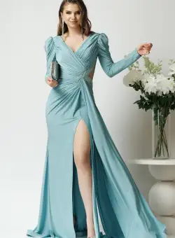 Rochie lunga de ocazie din lycra verde mint cu tull si strasuri in talie