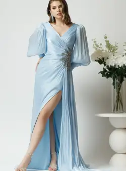 Rochie lunga de ocazie din voal bleu cu strasuri in talie
