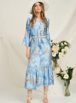 Rochie lunga de zi din satin bleu cu imprimeuri si cordon in talie