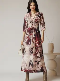 Rochie lunga de zi din viscoza bej cu imprimeuri bordo