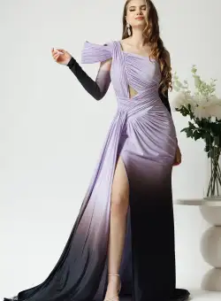 Rochie lunga eleganta din lycra mov in degradee cu fronseuri si decupaje