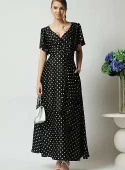 Rochie lunga eleganta din satin neagra cu buline si volan