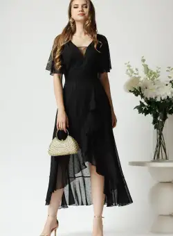 Rochie lunga eleganta din voal neagra cu insertii din fir lurex