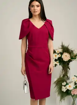 Rochie magenta de ocazie cu maneci lalea si perle pe talie