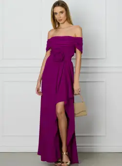 Rochie magenta lunga cu trandafir in talie
