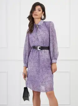 Rochie Maria lila cu buline si curea in talie