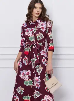 Rochie Maria tip camasa bordo cu imprimeu floral si cordon in talie