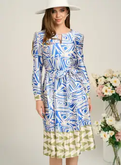 Rochie midi office bej de zi cu imprimeu albastru