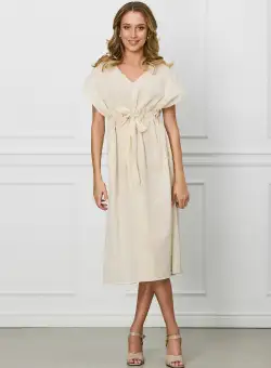 Rochie Mihaela bej cu snur in talie