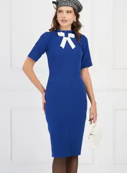 Rochie Moze albastra cu funda maxi alba la bust