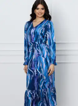 Rochie Moze albastra cu imprimeuri si nasturi decorativi pe bust