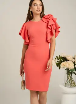 Rochie Moze corai cu volanase si trandafir la bust
