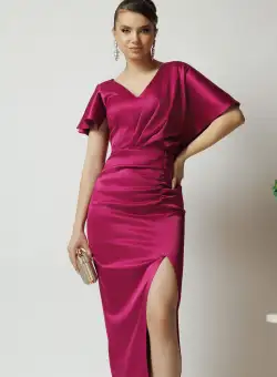Rochie Moze eleganta din satin magenta cu fronseu si crepeu pe fusta