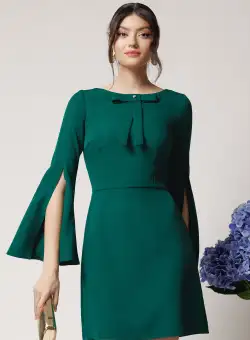 Rochie Moze eleganta din stofa verde cu funda la bust
