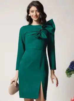 Rochie Moze eleganta din stofa verde cu funda maxi pe bust