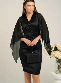 Rochie Moze eleganta din tafta neagra cu maneci din voal cu lurex