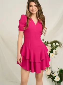 Rochie Moze eleganta din triplu voal fucsia cu floare pe umar