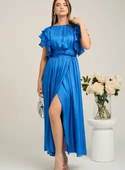 Rochie Moze lunga eleganta din voal albastra cu volanase la maneci