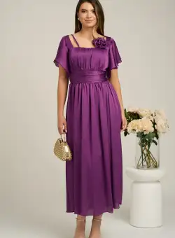 Rochie Moze lunga eleganta din voal mov cu floare la bust