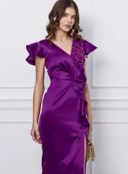 Rochie Moze mov cu floare maxi si volan