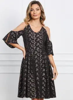 Rochie Moze neagra din brocard cu tull la umeri